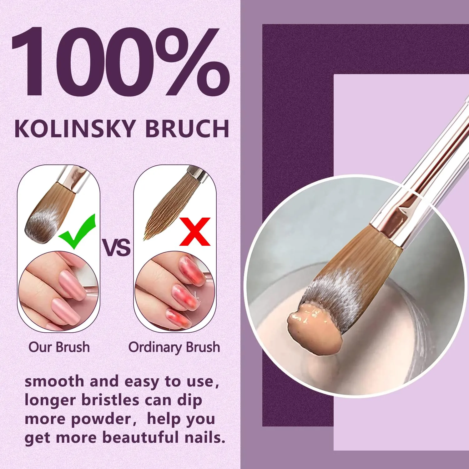 Acrylic Nail Brush Size14, 100% Pure Kolinsky Nail Art Brushes Sturdy Handle Oval Shaped Acrylic Powder Nail Design Tools for Professional Manicure DIY Home Salon (Purple)