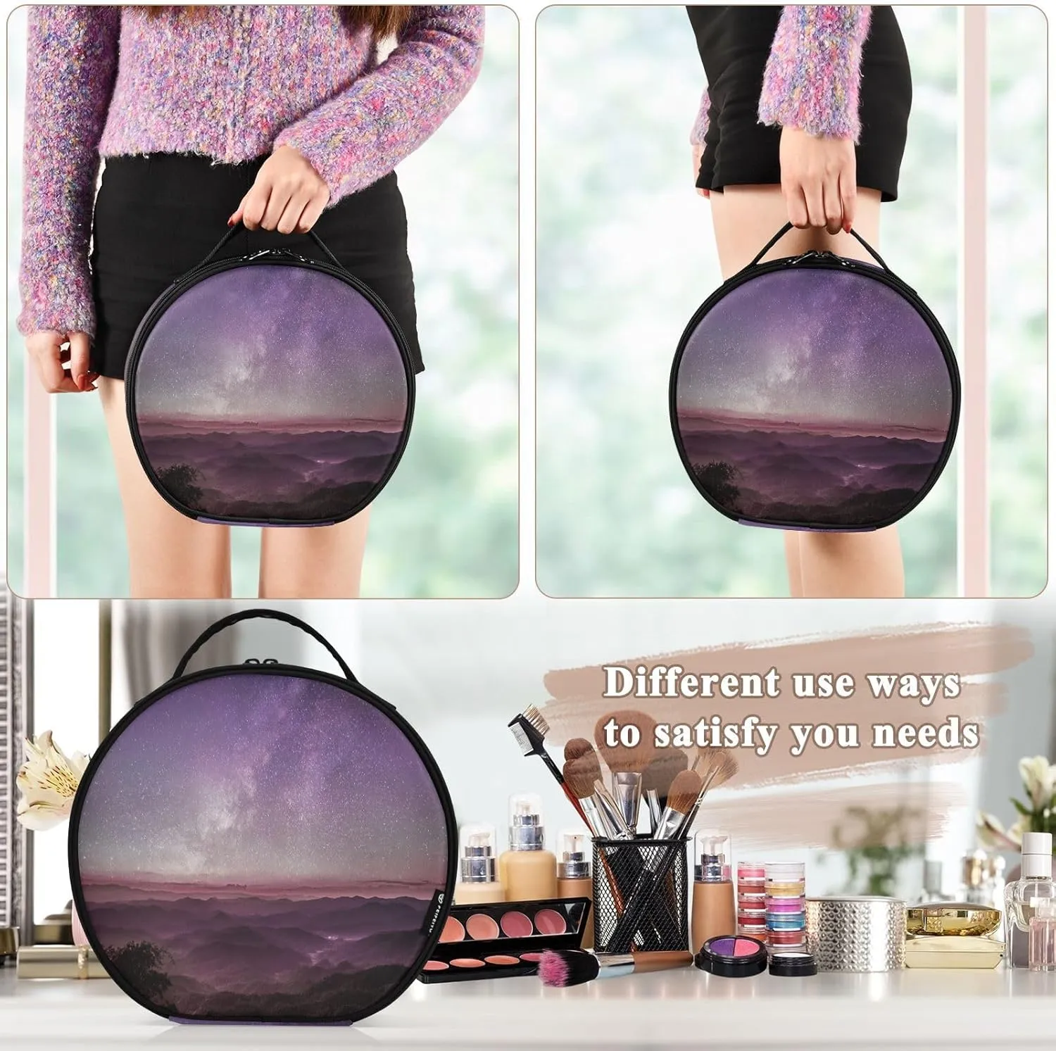 ALAZA Milky Way Purple Sky Sunset with Scenery Beautiful Romantic Mountain Travel Cosmetic Organizer Make up Organizer Toiletry Bag
