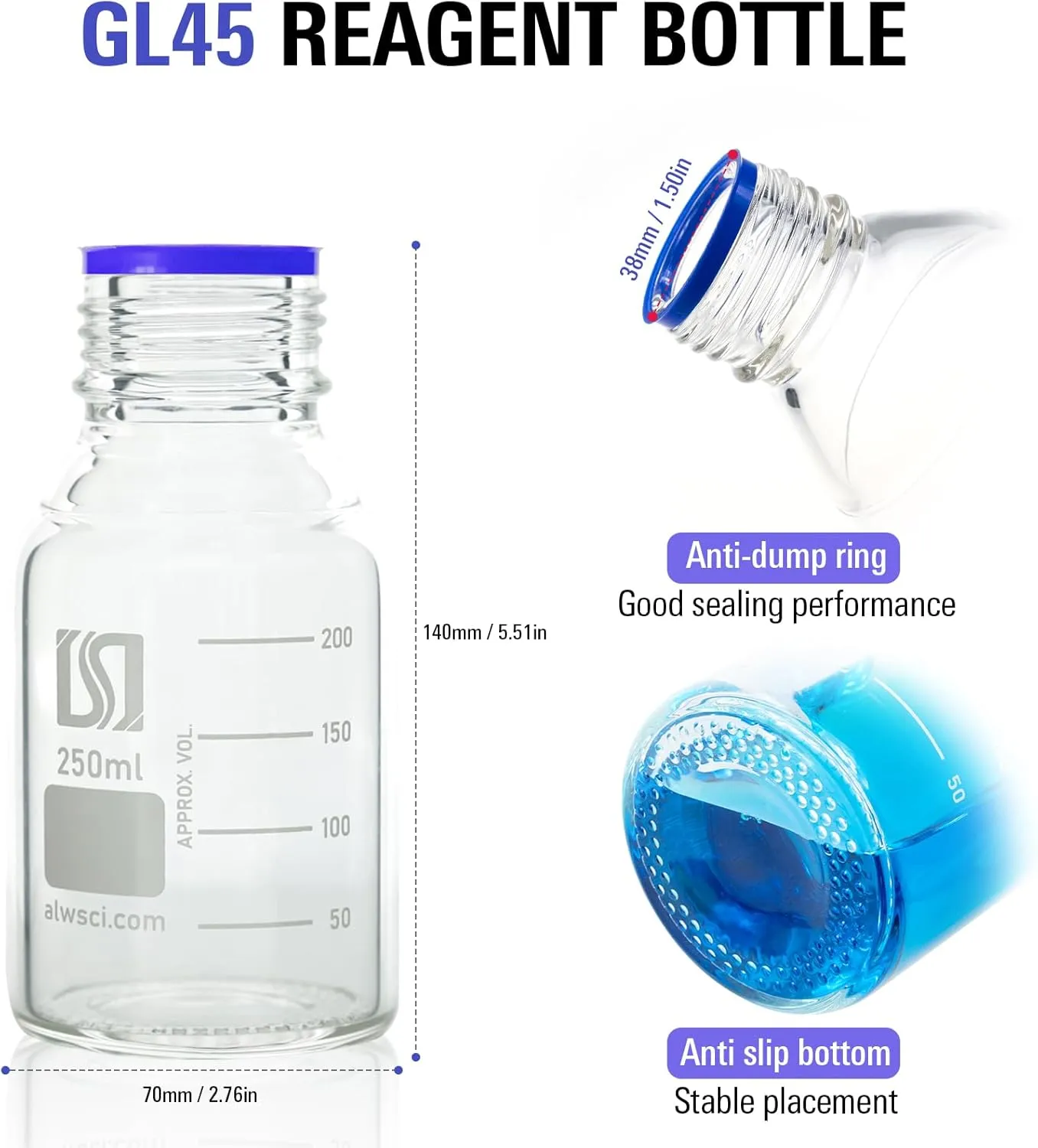 ALWSCI 250ml Graduated Glass Round Media Storage Bottle with blue GL45 Screw Cap, 3.3 Borosilicate Glass, Wide Mouth Lab Reagent Bottle, Pack of 4