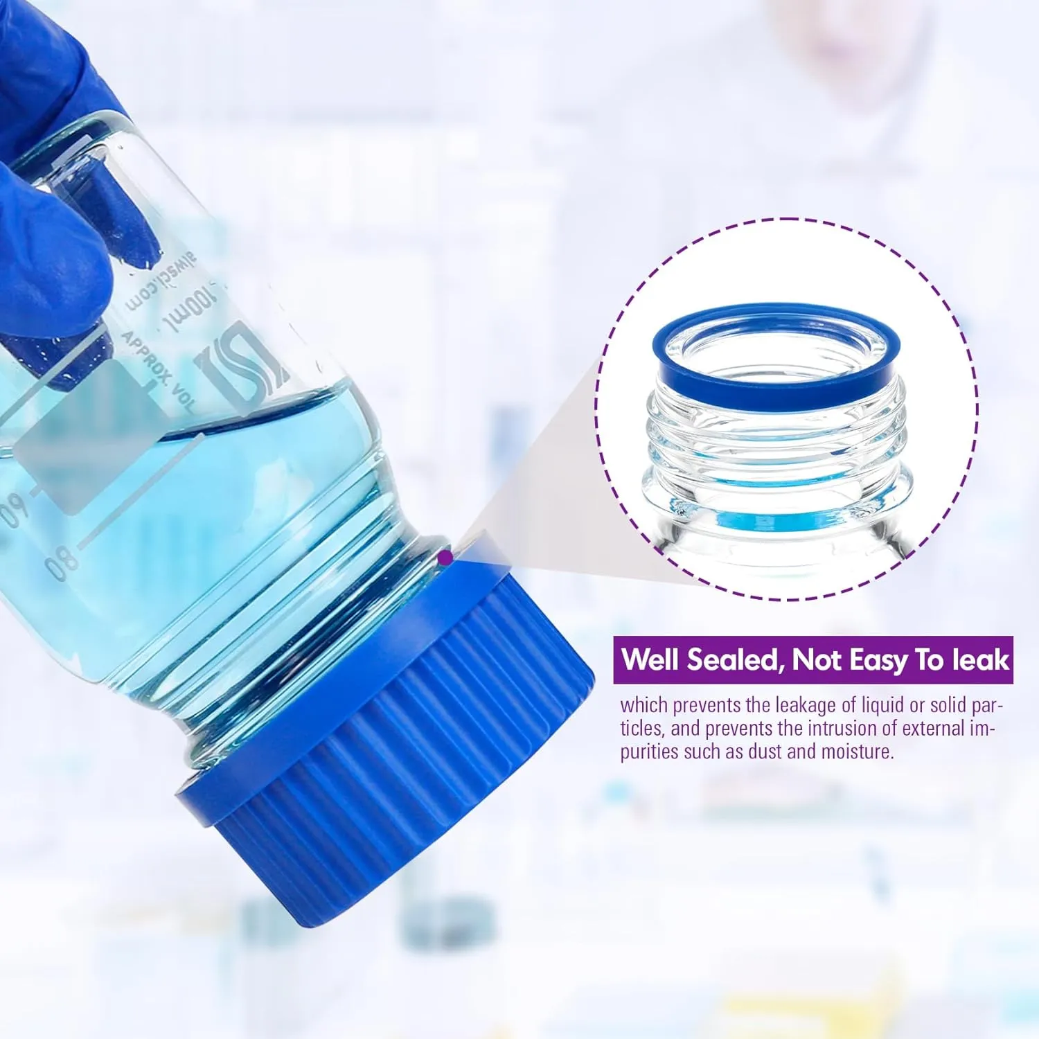 ALWSCI 250ml Graduated Glass Round Media Storage Bottle with blue GL45 Screw Cap, 3.3 Borosilicate Glass, Wide Mouth Lab Reagent Bottle, Pack of 4