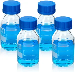 ALWSCI 250ml Graduated Glass Round Media Storage Bottle with blue GL45 Screw Cap, 3.3 Borosilicate Glass, Wide Mouth Lab Reagent Bottle, Pack of 4
