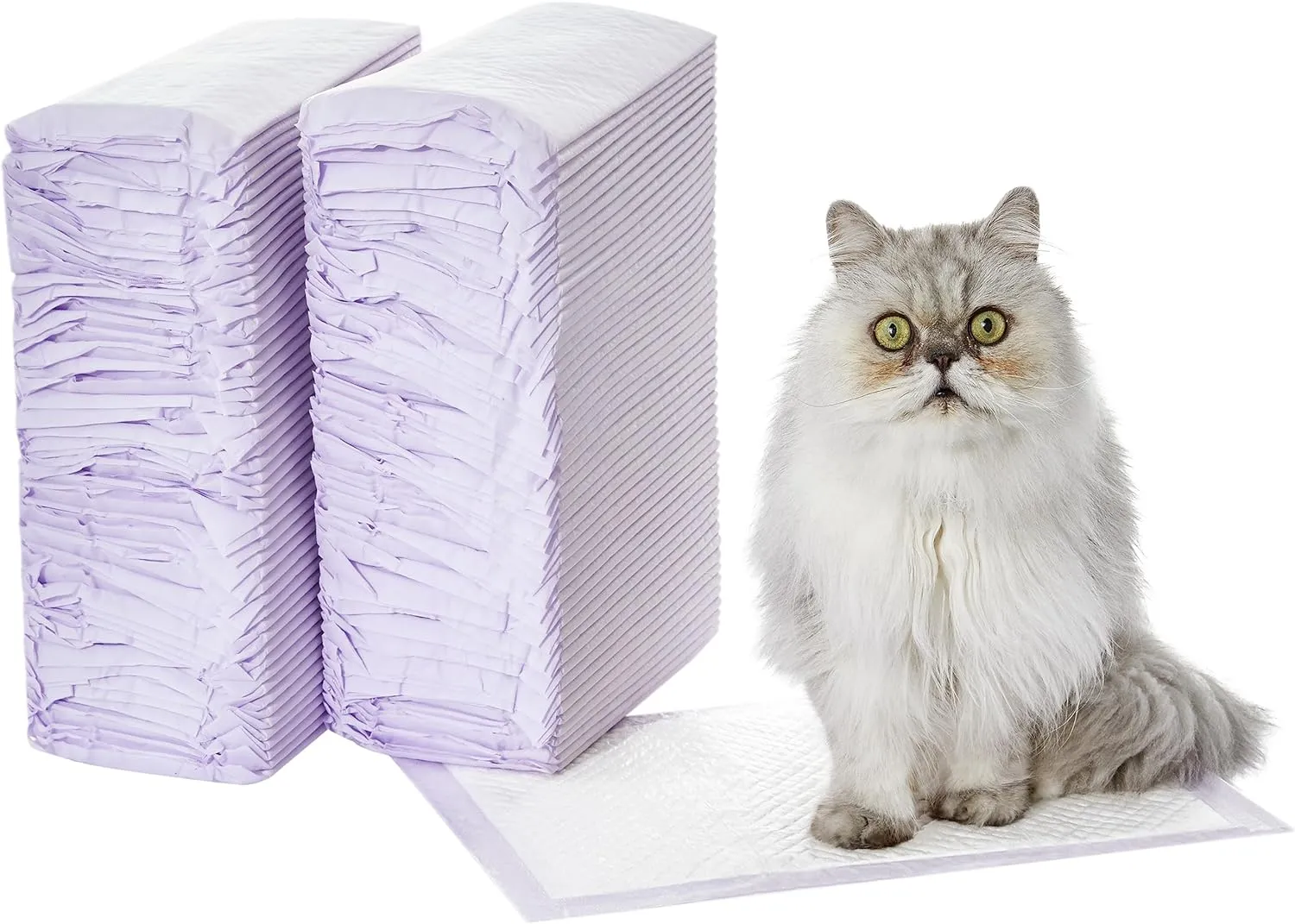 Amazon Basics Cat Pee Pads, 100 Count, Universal Fit for Litter Box, Odor Control with Fresh Scent, White/Purple