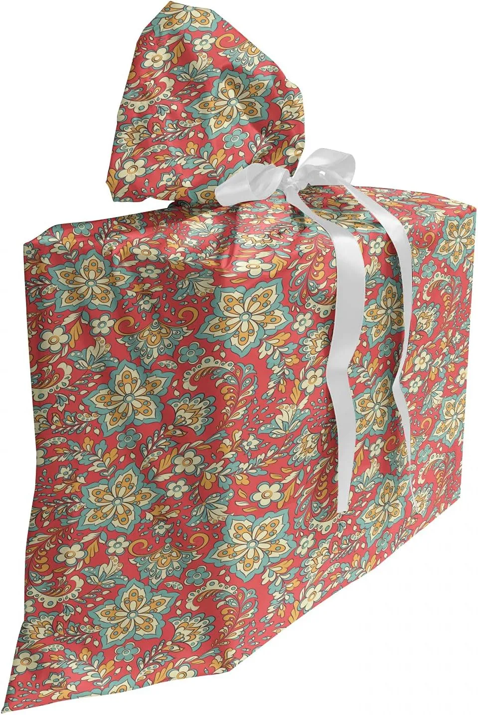 Ambesonne Orient Gift Bag, Ornamental Oriental Flower Bouquets Motif Paisley Ethnic Bohemian Art, Fabric Party Favor Pouch with 3 Ribbons, 27, Coral Cadet Blue Cream