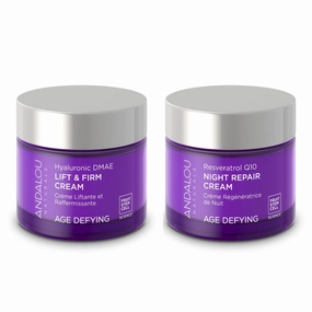 Andalou Naturals Resveratrol Q10 Night Repair Cream 1.7oz & Hyaluronic Dmae Lift Firm Skin Cream 1.7oz Hydrating, Helps Reduce Fine Lines and Wrinkles Value Bundle