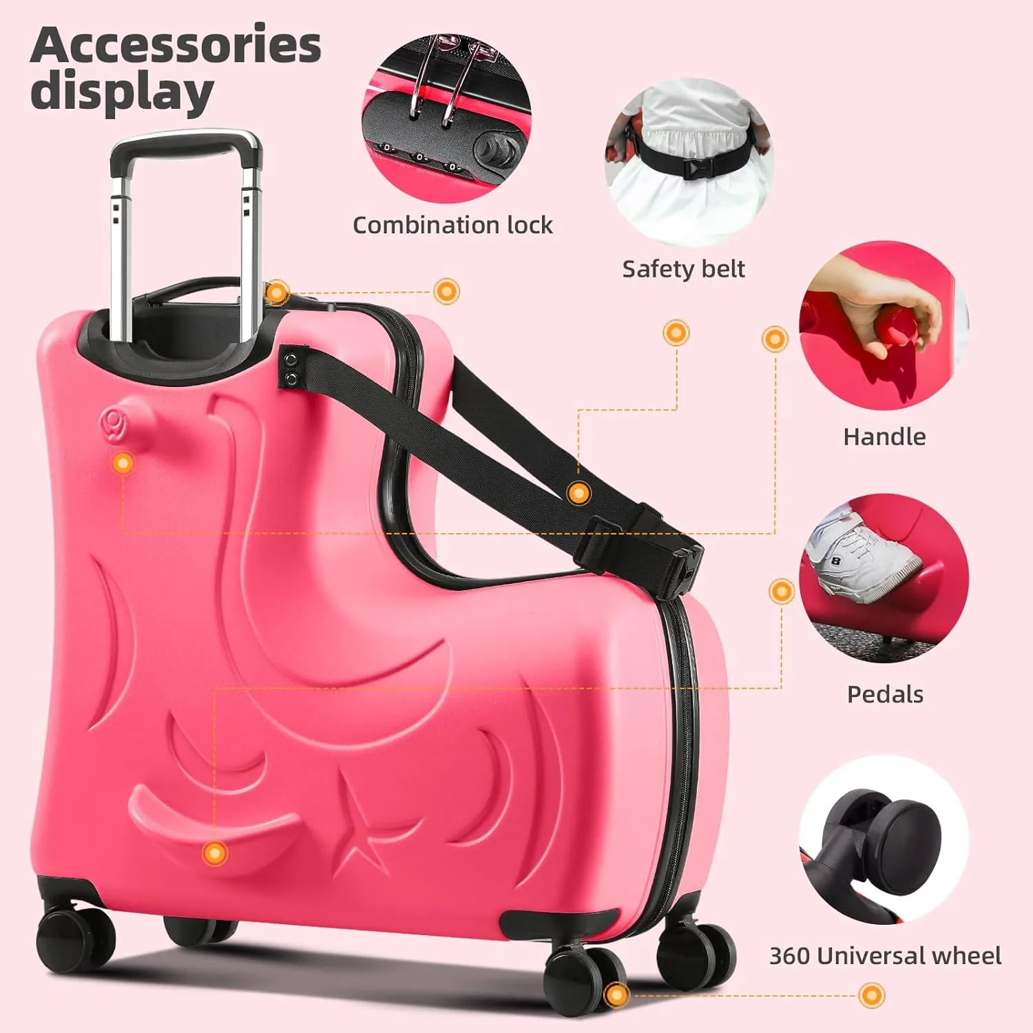 AO WEI LA OW Duffel Bag for Kids Ride-On Suitcase Carry-On Luggage with Wheels (Fuchsia, 20 Inch（suggest 1-6 years old)