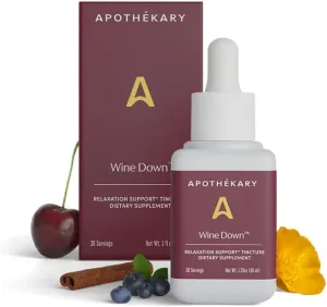 Apothékary Wine Down | Alcohol-Free Red Wine-Inspired Herbal Liquid Drops | Vegan, Sugar-Free & Gluten-Free | Consist of Blue Vervain, Tart Cherry, California Poppy | 30 Servings - 1.23oz