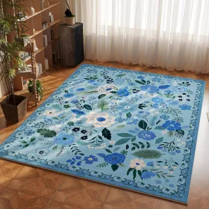 Area Rug 4x6 Rug Washable Boho Rugs Non Slip Low Pile Floral Small Carpet for Bedroom, Bedside, Kids Room, Office, Dining Room(Blue)