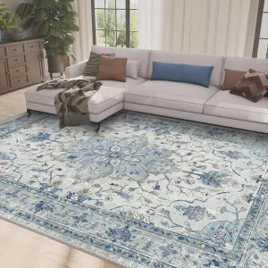 Area Rugs 8'x10' Washable Non-Slip, Floral Vintage Distress Print Pattern Medallion Carpet for Living Room Bedroom Dining Room, Blue Navy Beige Gray
