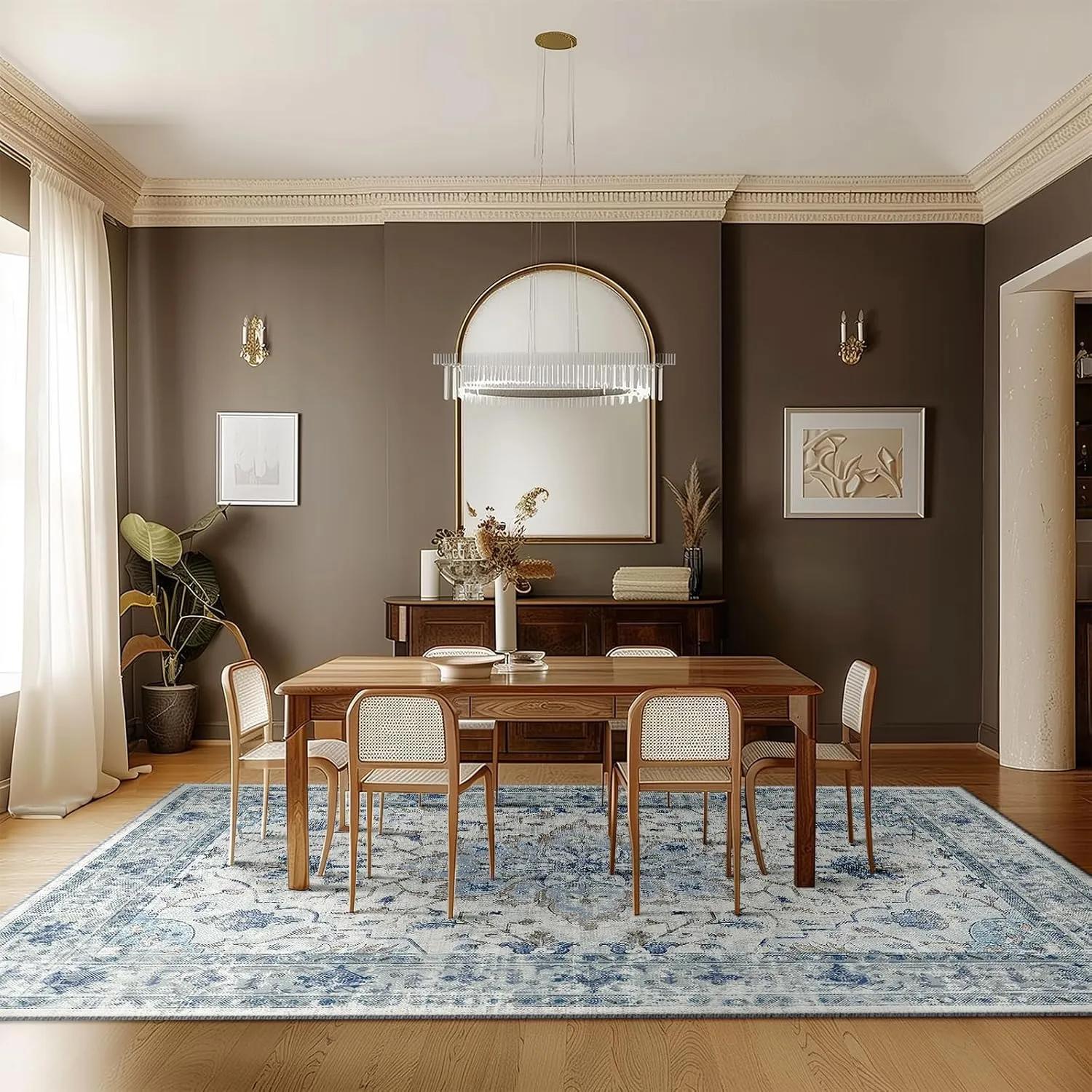 Area Rugs 8'x10' Washable Non-Slip, Floral Vintage Distress Print Pattern Medallion Carpet for Living Room Bedroom Dining Room, Blue Navy Beige Gray
