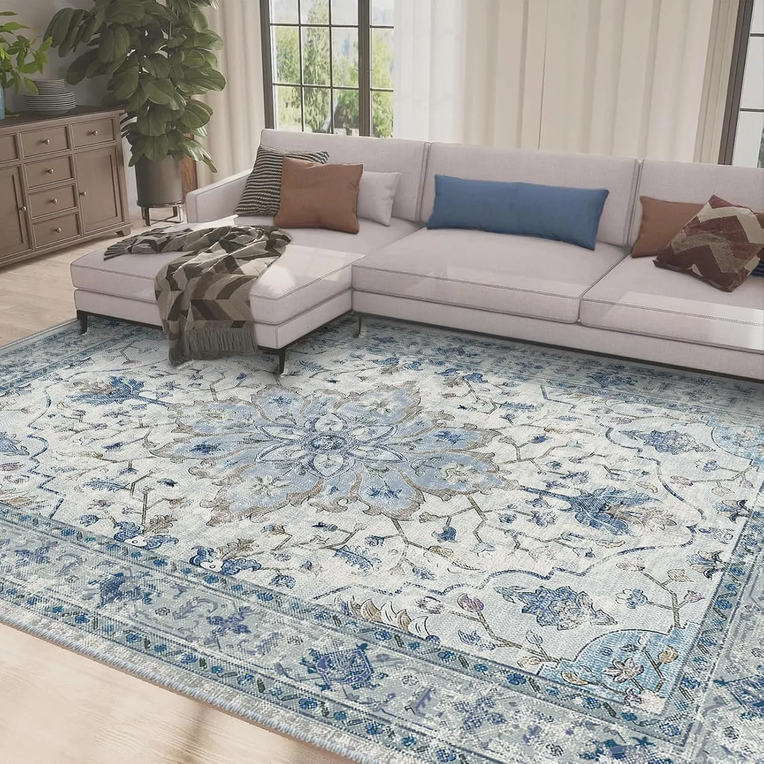 Area Rugs 8'x10' Washable Non-Slip, Floral Vintage Distress Print Pattern Medallion Carpet for Living Room Bedroom Dining Room, Blue Navy Beige Gray