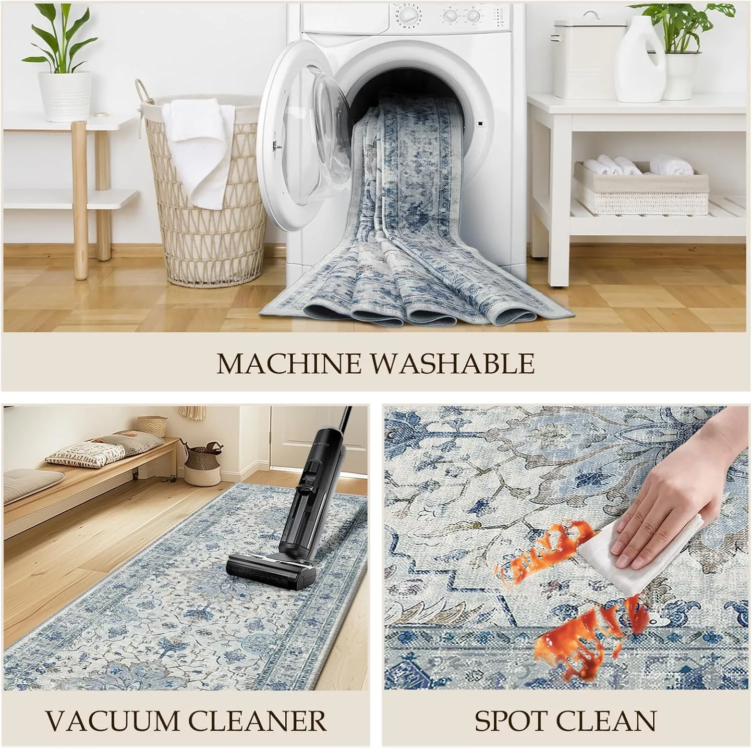 Area Rugs 8'x10' Washable Non-Slip, Floral Vintage Distress Print Pattern Medallion Carpet for Living Room Bedroom Dining Room, Blue Navy Beige Gray
