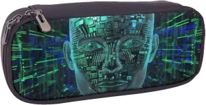 Artificial Intelligence Brain Printed Leather Pencil Case Pen Pouch Holder with Zipper for School Travel Office, Black, One Size, Make-Up Pouch