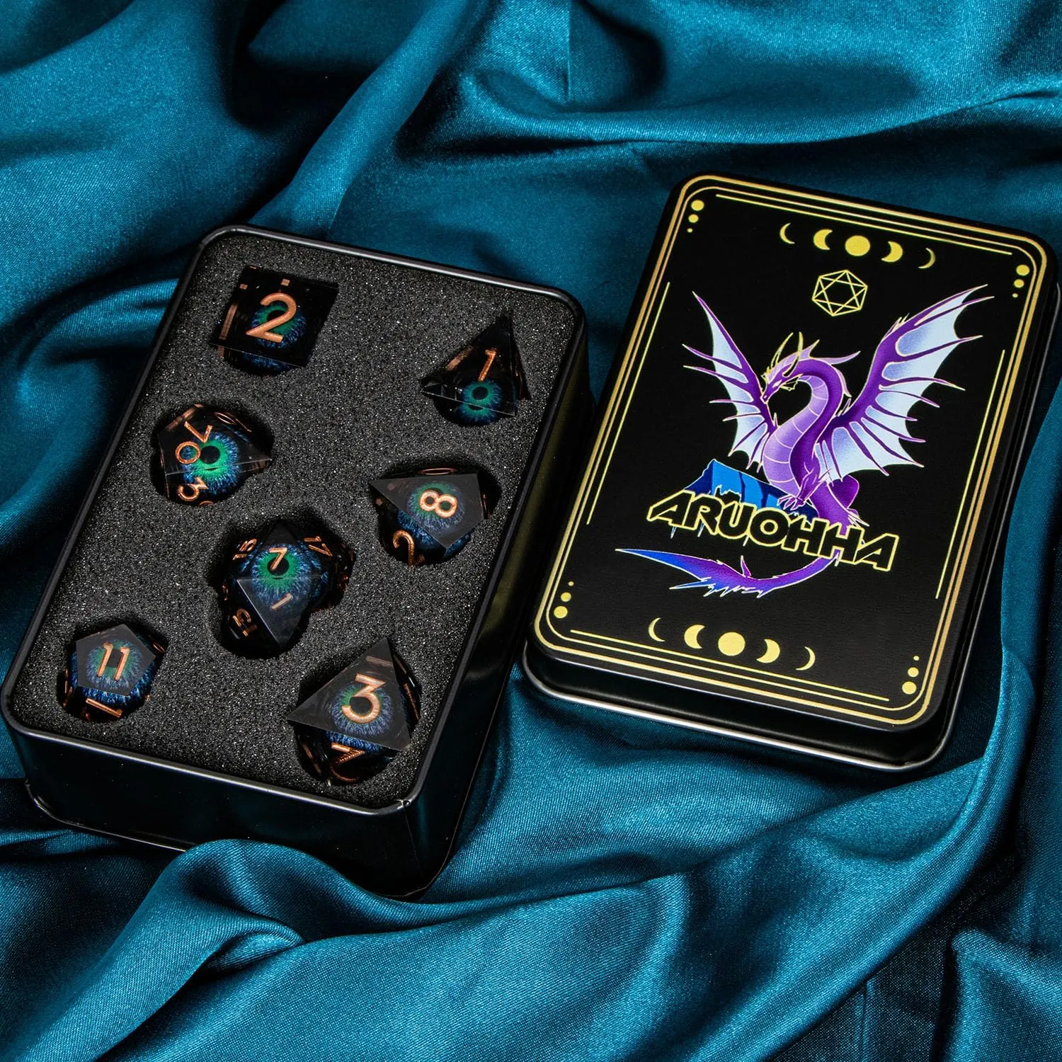 ARUOHHA DND Dragons Eye Dice Liquid Core Blue Green Resin Sharp Edged Dice Set with Gift Box, Compatible with D&D Role Playing Game, Dungeons Polyhedral D and D Dice D20 D12 D10 D8 D6 D4