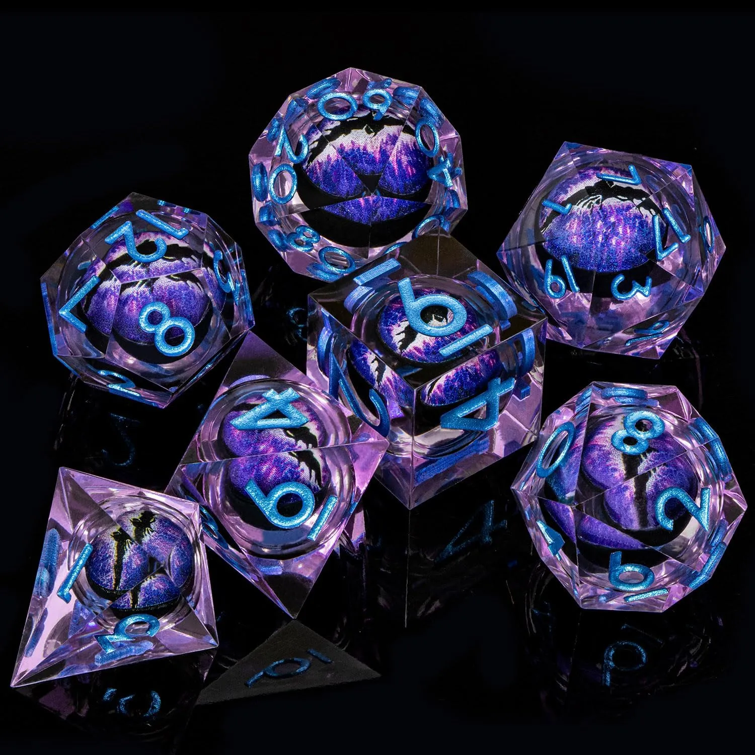 ARUOHHA DND Resin Dice Dragon Eye Dice Liquid Core Purple Sharp Edged Dice Set with Gift Box, Polyhedral D and D Dice Set Compatible with Dungeons and Dragons Role Playing Game D20 D12 D10 D8 D6