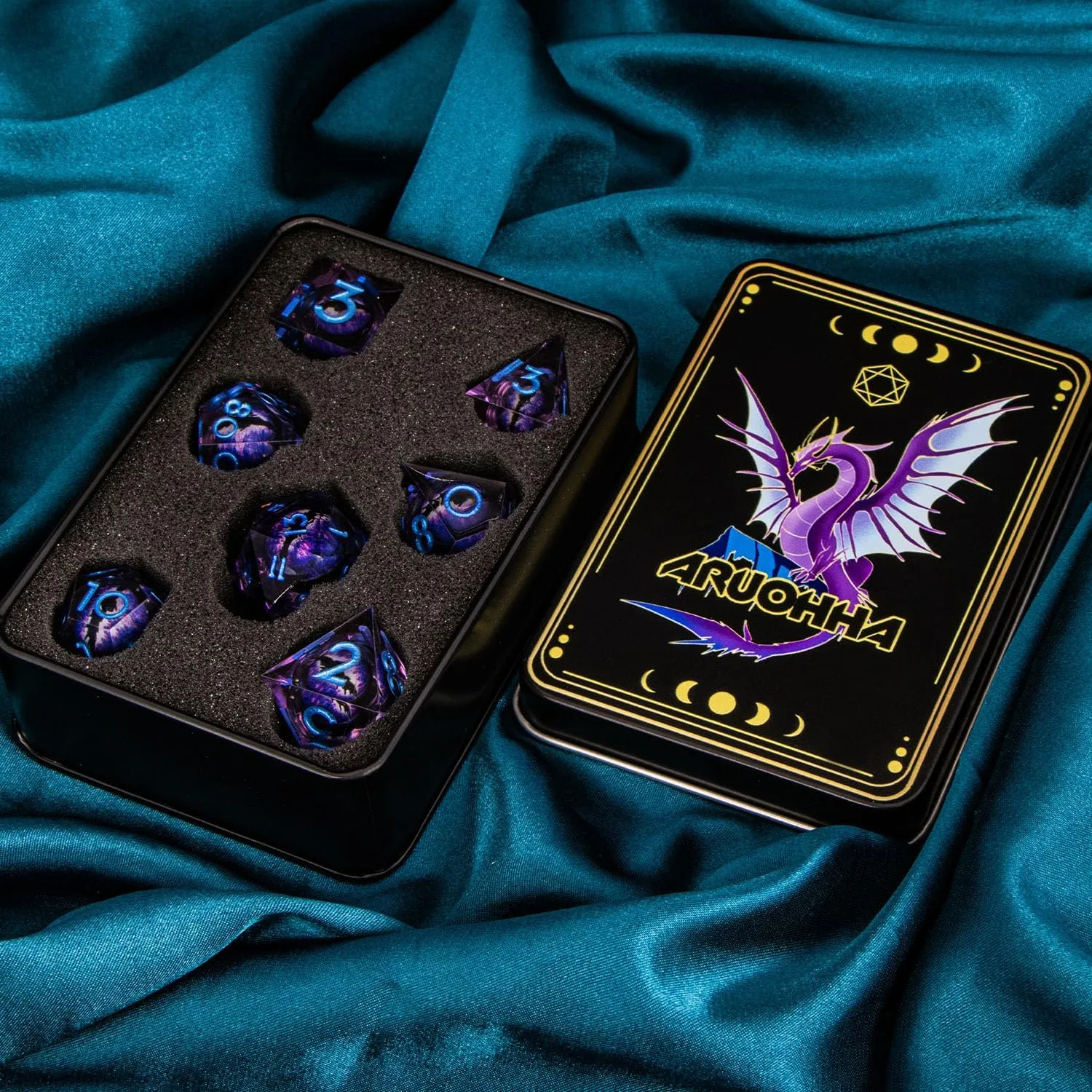 ARUOHHA DND Resin Dice Dragon Eye Dice Liquid Core Purple Sharp Edged Dice Set with Gift Box, Polyhedral D and D Dice Set Compatible with Dungeons and Dragons Role Playing Game D20 D12 D10 D8 D6