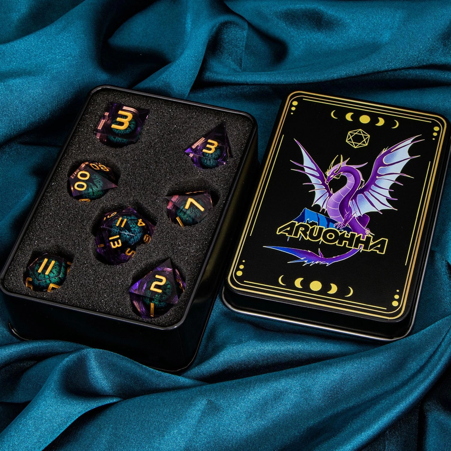 ARUOHHA Dragon Eye DND Dice, Purple Green Resin Sharp Edged Dice Set RPG Role Playing Game, Liquid Core Polyhedral D and D Dice Set D20 D12 D10 D8 D6 D4