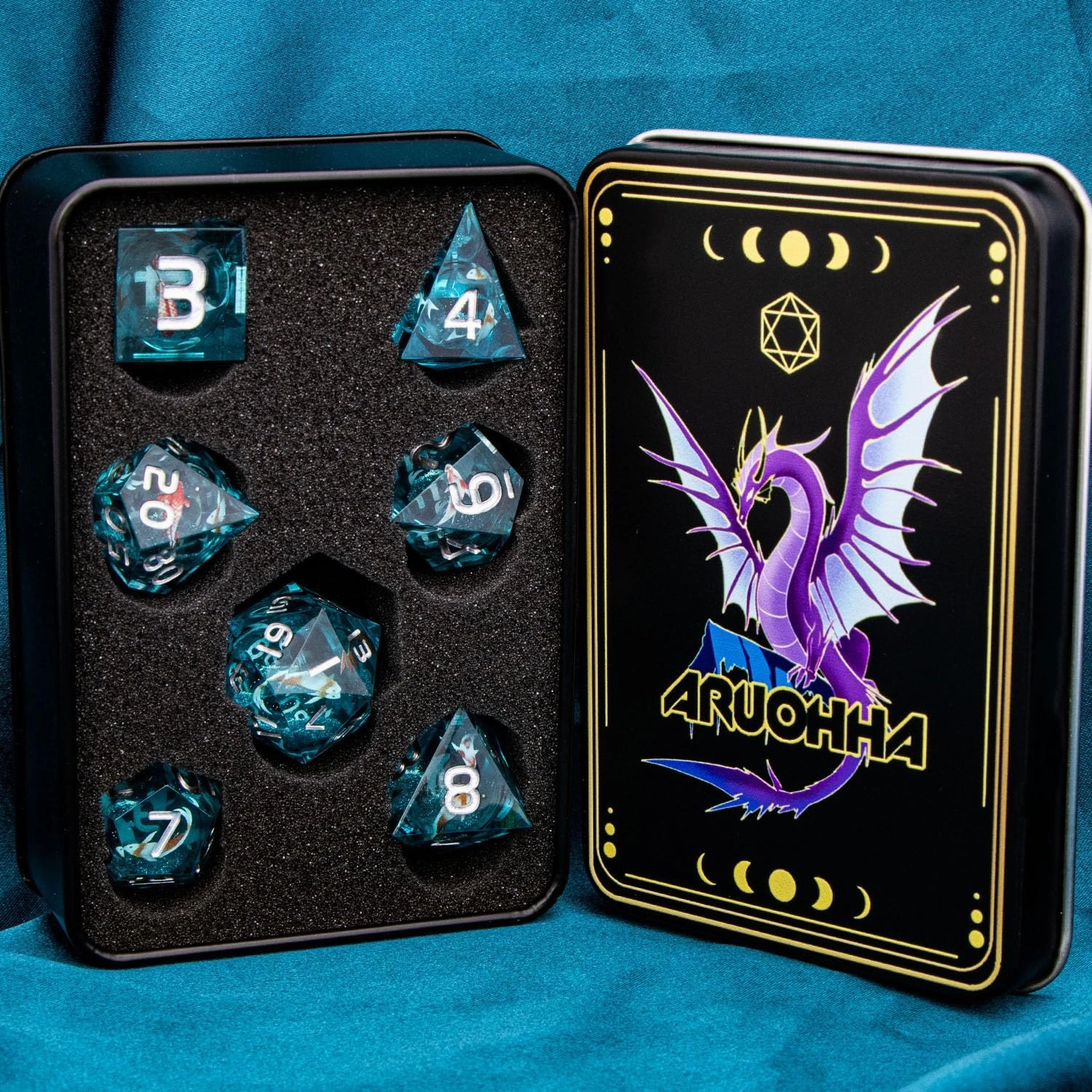 ARUOHHA Liquid Core DND Dice Set, 7pcs Resin Blue Sharp Edged Dragons Dice Compatible with D&D Role Playing Games, Handmade RPG Koi Fish Dungeons Polyhedral Dice Set D20 D12 D10 D8 D6 D4