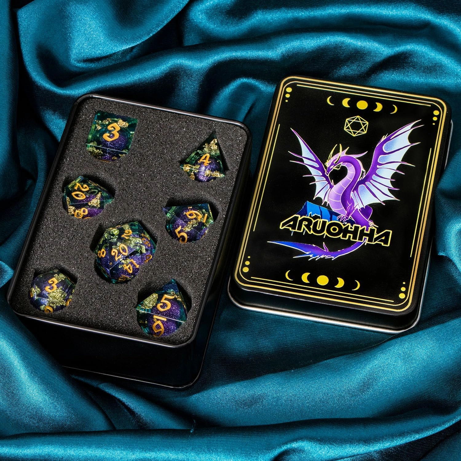 ARUOHHA Liquid Core DND Dice Set, 7pcs Resin Sharp Edged Dragons Dice RPG Role Playing Games, Purple Blue Polyhedral Dungeons D and D Dice with Gift Box D20 D12 D10 D8 D6 D4