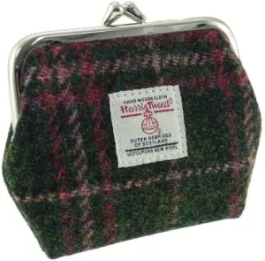 Authentic Harris Tweed Small Clasp Purse - Women Coin Purse Wallet - Dark Green and Plum Check