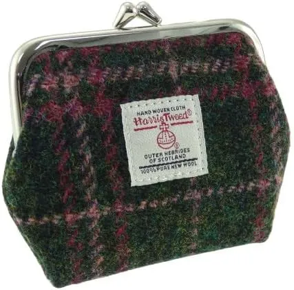 Authentic Harris Tweed Small Clasp Purse - Women Coin Purse Wallet - Dark Green and Plum Check