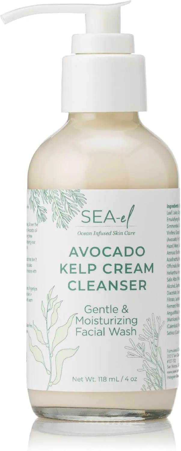 Avocado & Kelp Cream Cleanser Non-Foaming Gentle Deep Cleanse to Purify Tone & Firm - Moisturizing Natural Face Wash for Women & Men - 4 Oz