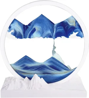 AzureLeap Moving Sand Art Liquid Motion 3D Deep Sea Sandscape Color Quicksand Snowy Mountain Base Decor Round Glass Moving Sand Art Picture Relaxing Desktop Home Office Work Decor (Blue)