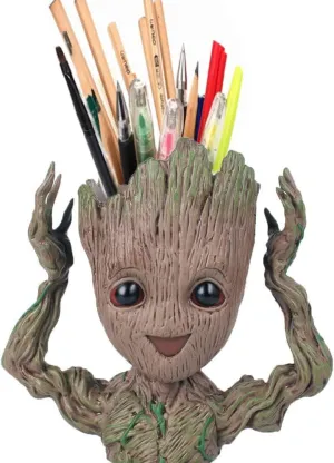 Baby Groot Flower Pot, Tree Man Pen or Pencil Holder or Planters with Drainage Hole Perfect for a Tiny Succulents Plants Christmas Birthday Gift (Happy)