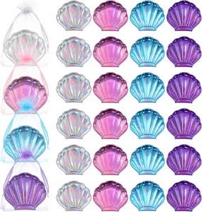 Barydat 24 Set Colorful Seashell Mirror Bulk with Organza Bag Mermaid Party Favors Cute Compact Hand Mermaid Glitter Shell Pocket Mirror for Women Purse Party Supplies(4 Colors)