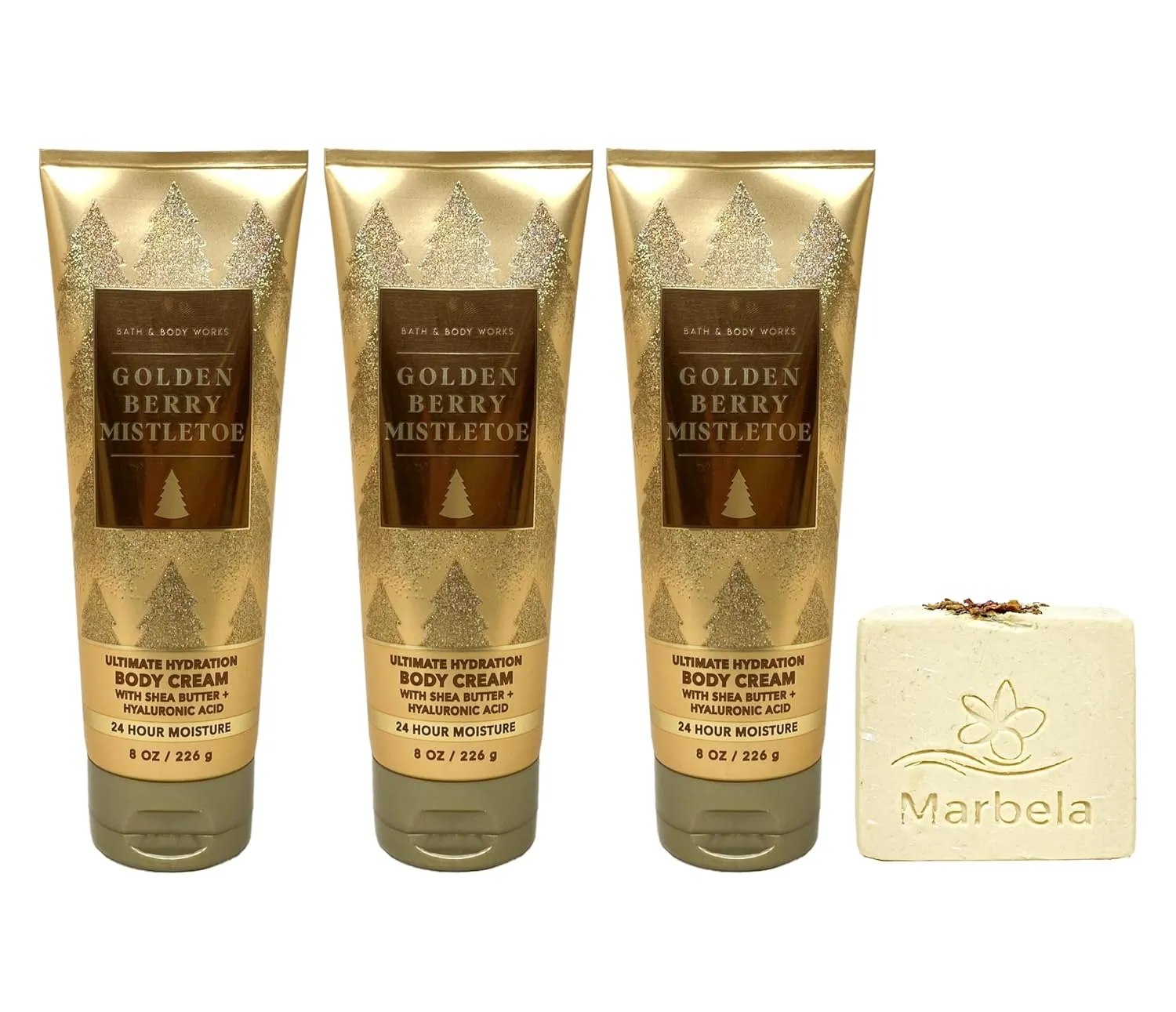 Bath & Body Works Golden Berry Mistletoe 3 Piece Body Cream Bundle with a Creamy Rose Soap - Full Size