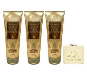 Bath & Body Works Golden Berry Mistletoe 3 Piece Body Cream Bundle with a Creamy Rose Soap - Full Size