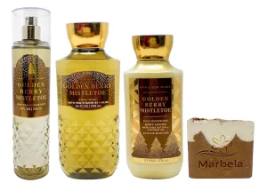 Bath & Body Works Golden Berry Mistletoe - Trio Gift Set - Fine Fragrance Mist, Body Cream, Body Wash and Body Lotion With a Yamma Jamma Bar Soap., brown