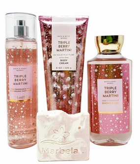 Bath & Body Works Triple Berry Martini - Trio Gift Set - Fine Fragrance Mist, Body Cream and Shower Gel With a Himalayan Salts Springs Sample Soap.