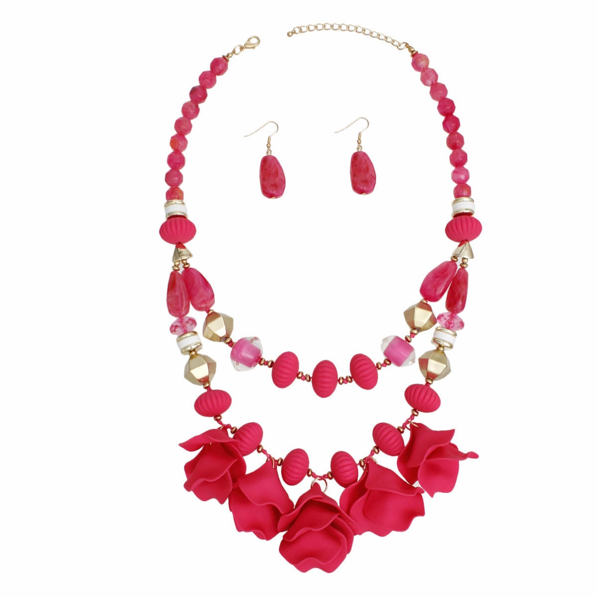 Beaded Necklace Fuchsia Petals Layered Set Women