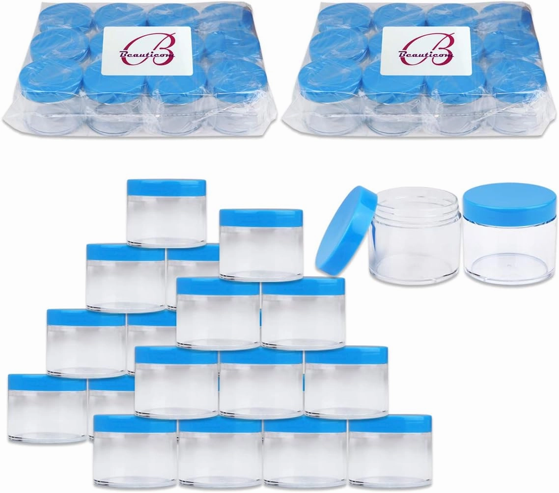 Beauticom® 2 oz./ 60 Grams/ 60 ML (Quantity: 36 Packs) Thick Wall Round Clear Plastic LEAK-PROOF Jars Container with BLUE Lids for Cosmetic, Lip Balm, Lip Gloss, Creams, Lotions, Liquid