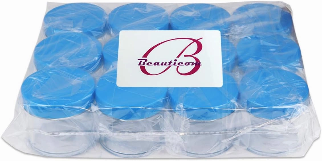 Beauticom® 2 oz./ 60 Grams/ 60 ML (Quantity: 36 Packs) Thick Wall Round Clear Plastic LEAK-PROOF Jars Container with BLUE Lids for Cosmetic, Lip Balm, Lip Gloss, Creams, Lotions, Liquid