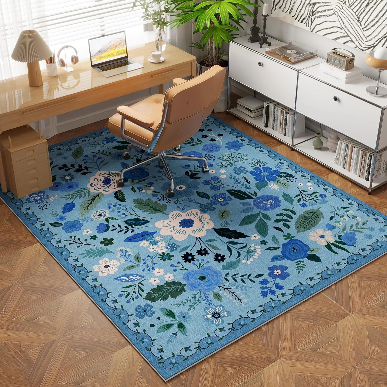 Bedroom Rug 3x5 Rug Washable Area Rug Non Slip Low Pile Boho Floral Small Carpet for Bedroom, Bedside, Kitchen, Entryway, Kids Room, Office, College Dorm Essentials for Girls(Blue)