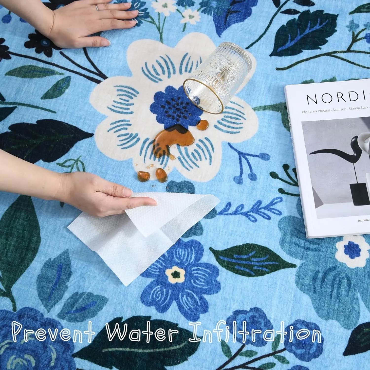 Bedroom Rug 3x5 Rug Washable Area Rug Non Slip Low Pile Boho Floral Small Carpet for Bedroom, Bedside, Kitchen, Entryway, Kids Room, Office, College Dorm Essentials for Girls(Blue)