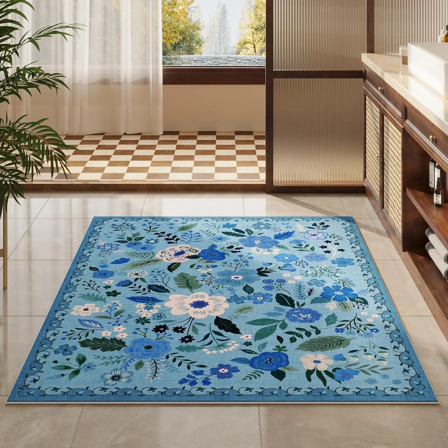 Bedroom Rug 3x5 Rug Washable Area Rug Non Slip Low Pile Boho Floral Small Carpet for Bedroom, Bedside, Kitchen, Entryway, Kids Room, Office, College Dorm Essentials for Girls(Blue)