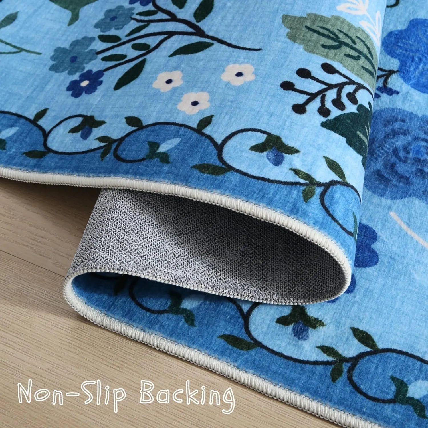 Bedroom Rug 3x5 Rug Washable Area Rug Non Slip Low Pile Boho Floral Small Carpet for Bedroom, Bedside, Kitchen, Entryway, Kids Room, Office, College Dorm Essentials for Girls(Blue)