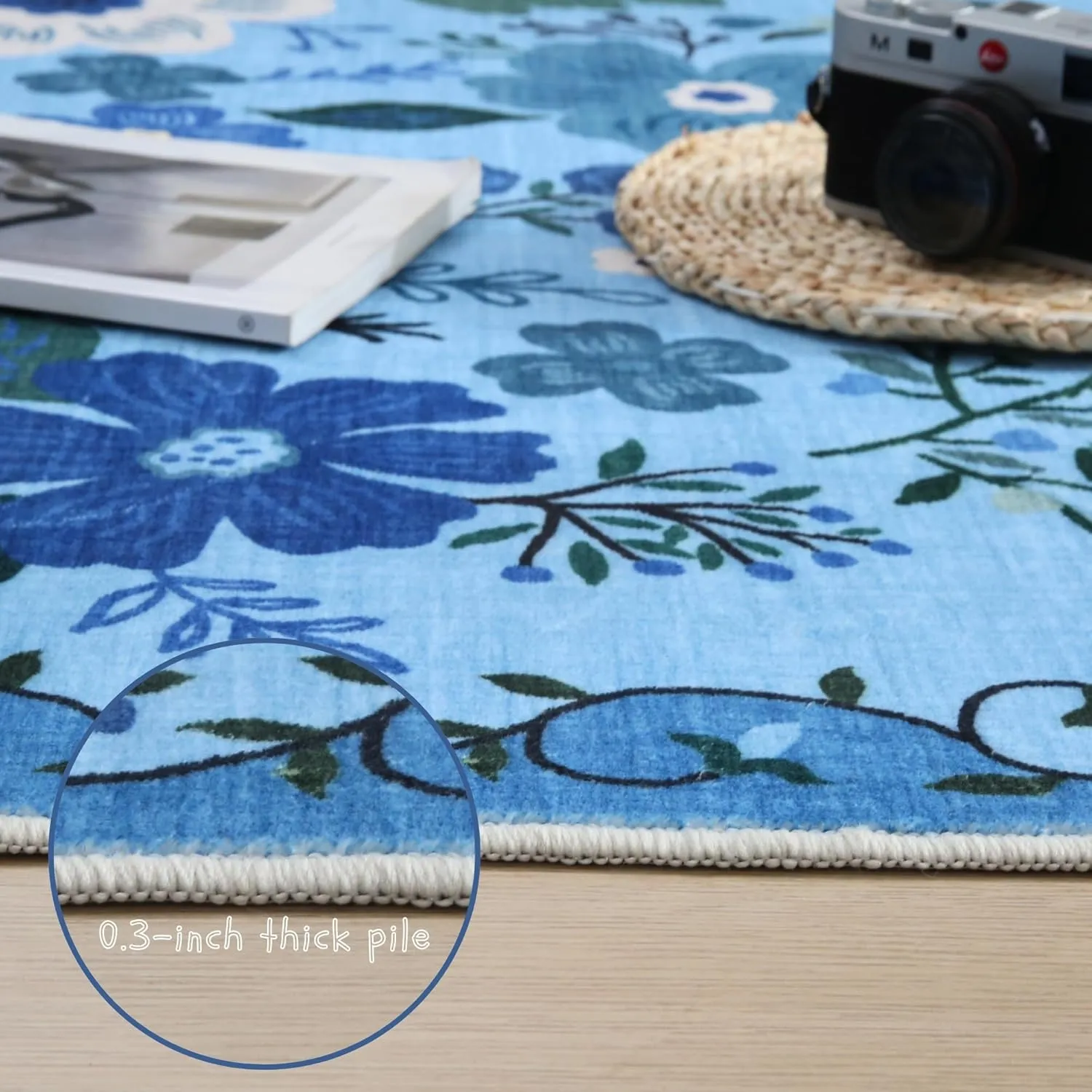 Bedroom Rug 3x5 Rug Washable Area Rug Non Slip Low Pile Boho Floral Small Carpet for Bedroom, Bedside, Kitchen, Entryway, Kids Room, Office, College Dorm Essentials for Girls(Blue)