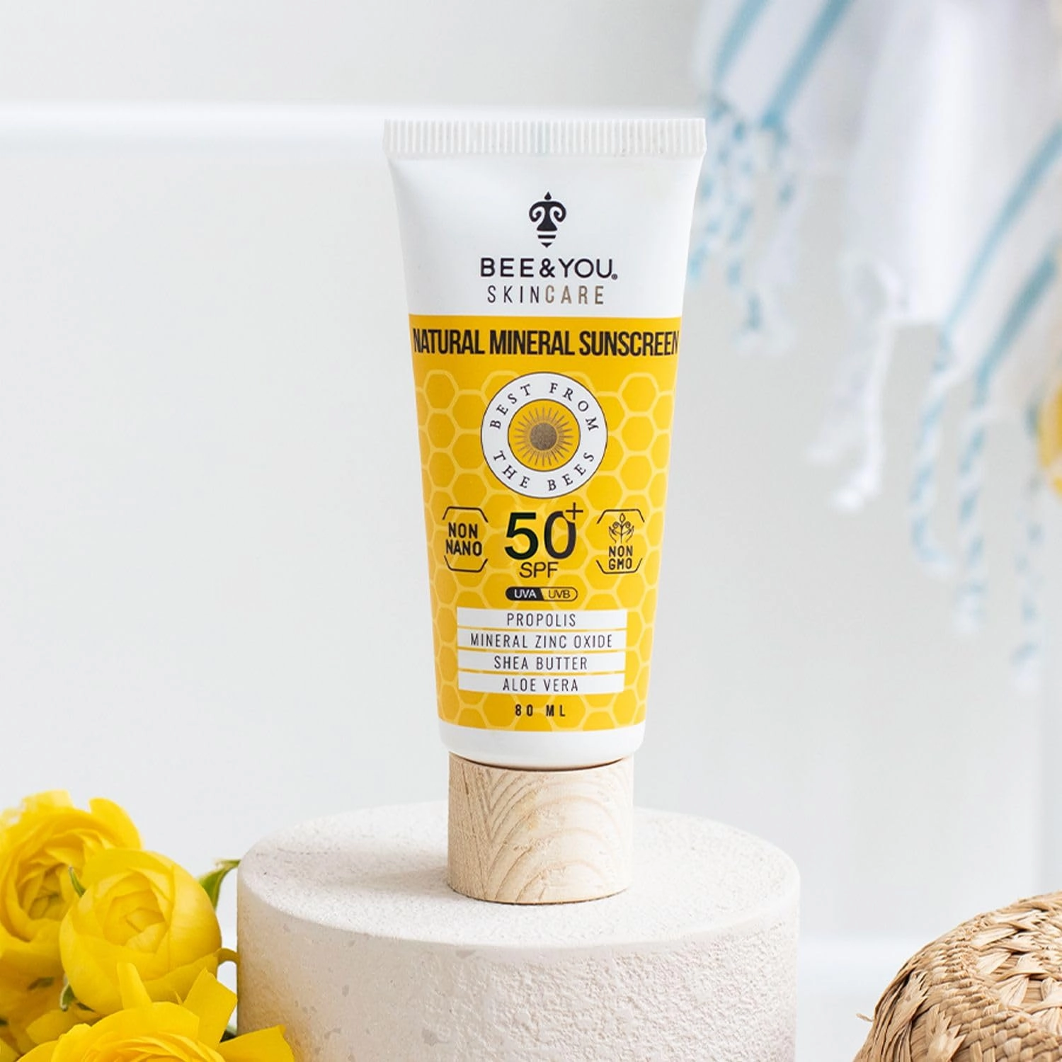 Bee and You SPF 50 Body Sunscreen 2.7 oz | UV protection, Clear, Sensitive, Acne-Prone Skin, Mineral-Based Zinc Oxide, Propolis Extract, Shea Butter, Aloe Vera, 100% Natural, Hypoallergenic