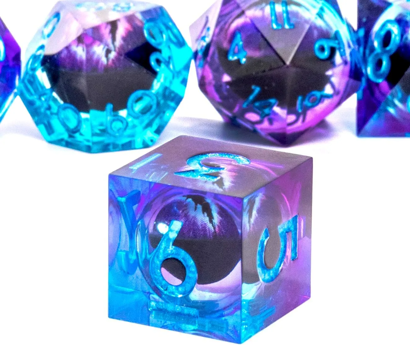 Beholder's Dragon Eye DND Dice Set,Sharp Edge Liquid Core Resin Handmade Cat Eye Dice with Gift Box 7 PCS for Role Playing Dungeons and Dragons Ttrpg(Blue Purple)