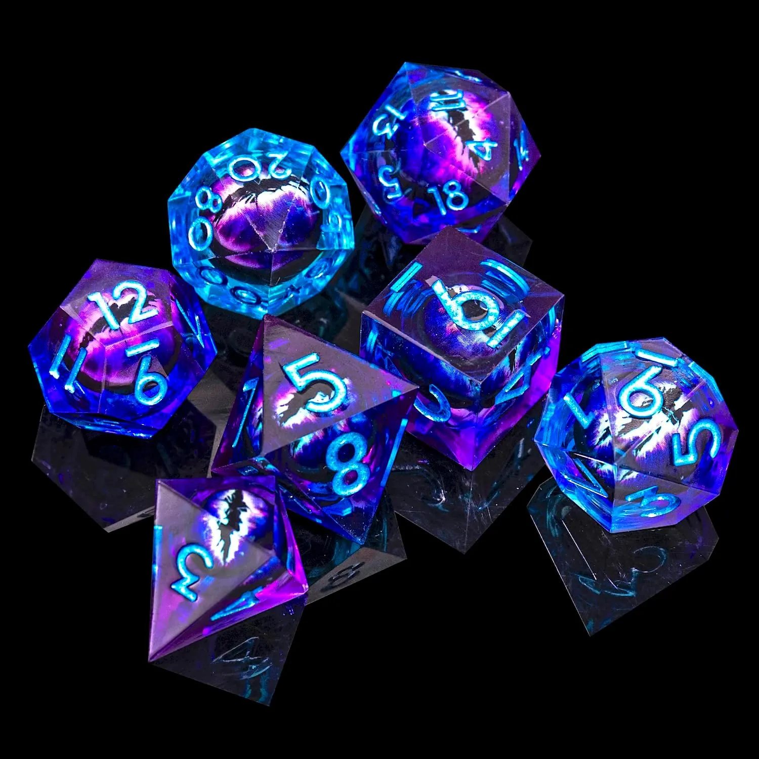 Beholder's Dragon Eye DND Dice Set,Sharp Edge Liquid Core Resin Handmade Cat Eye Dice with Gift Box 7 PCS for Role Playing Dungeons and Dragons Ttrpg(Blue Purple)