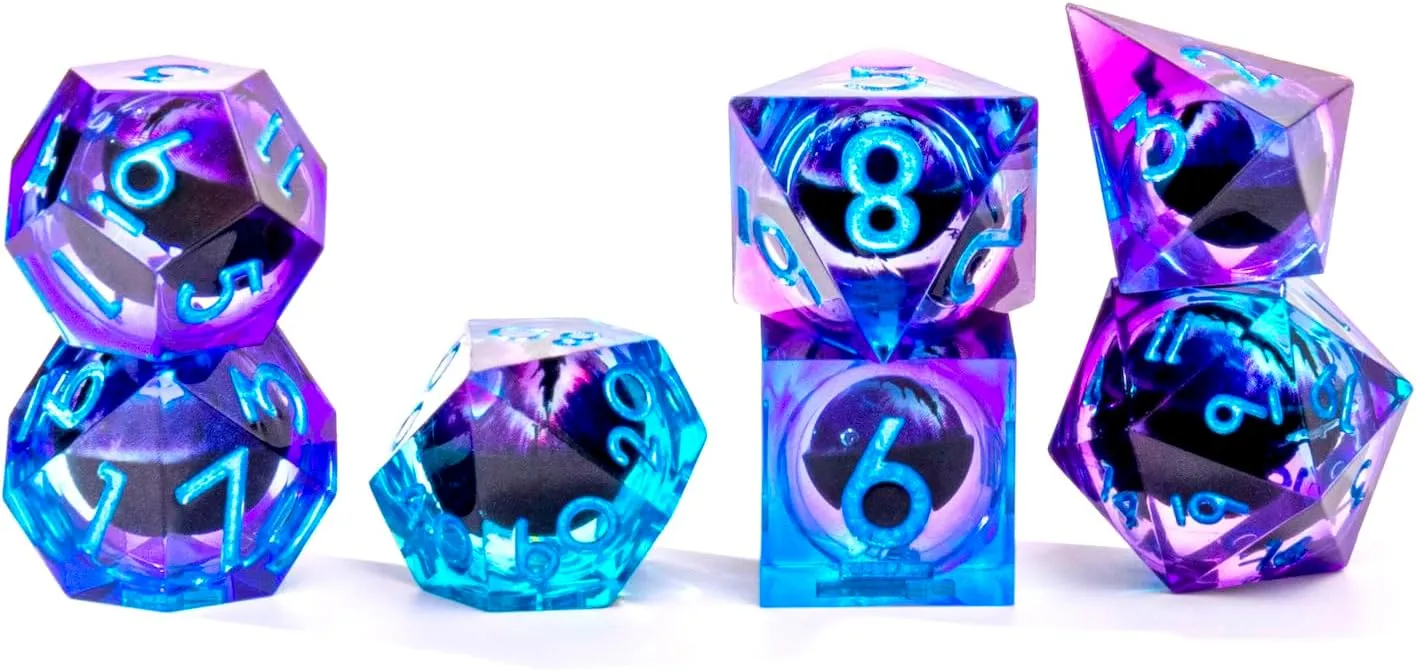 Beholder's Dragon Eye DND Dice Set,Sharp Edge Liquid Core Resin Handmade Cat Eye Dice with Gift Box 7 PCS for Role Playing Dungeons and Dragons Ttrpg(Blue Purple)