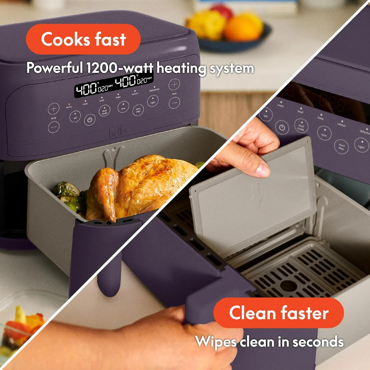 bella 4 Qt TriZone Air Fryer, EverGood™ Ceramic Nonstick Coating, Dual Basket Design w Removable Divider, Digital Touchscreen Control w 6 Preset Cooking Options, 1200 Watt, 3lb Capacity, Plum