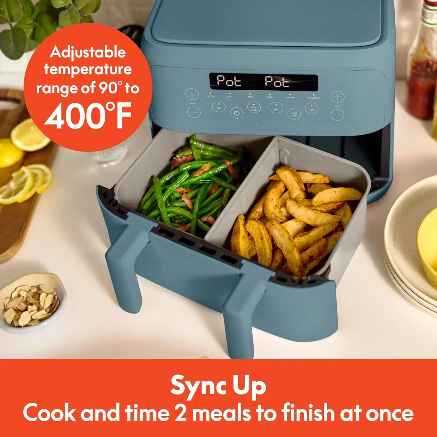 bella 4 Qt TriZone Air Fryer, EverGood™ Ceramic Nonstick Coating, Dual Basket Design w Removable Divider, Digital Touchscreen Control w 6 Preset Cooking Options, 1200 Watt, 3lb Capacity, Surf
