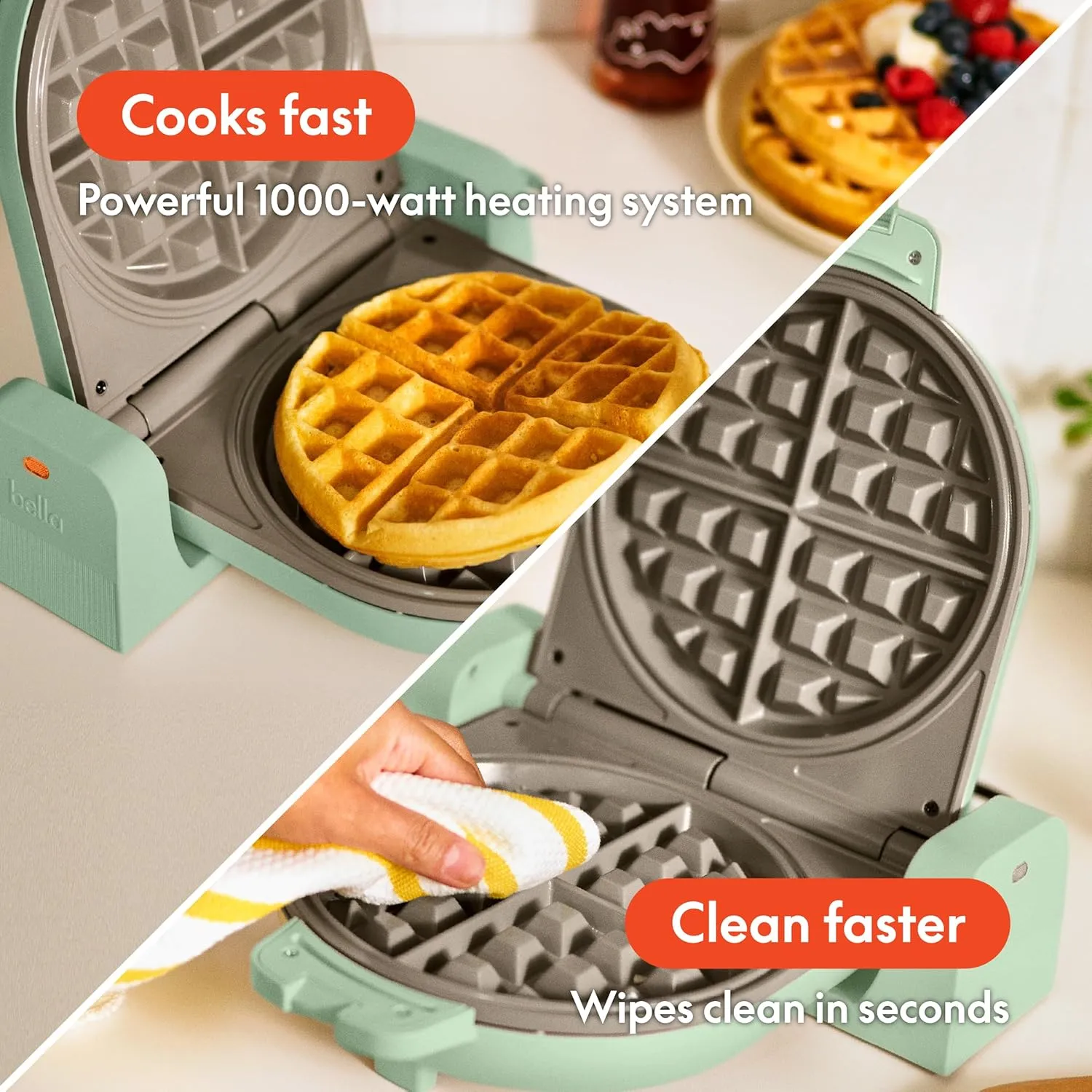 bella Flip-n-Store Waffle Maker with EverGood™ Ceramic Nonstick Coating, Fits-anywhere™ Kitchenware, Power Indicator Light, Cool Touch Handle & Cord Wrap, 7” Wide & 1" Deep Plates, 1000 Watt, Seaglass