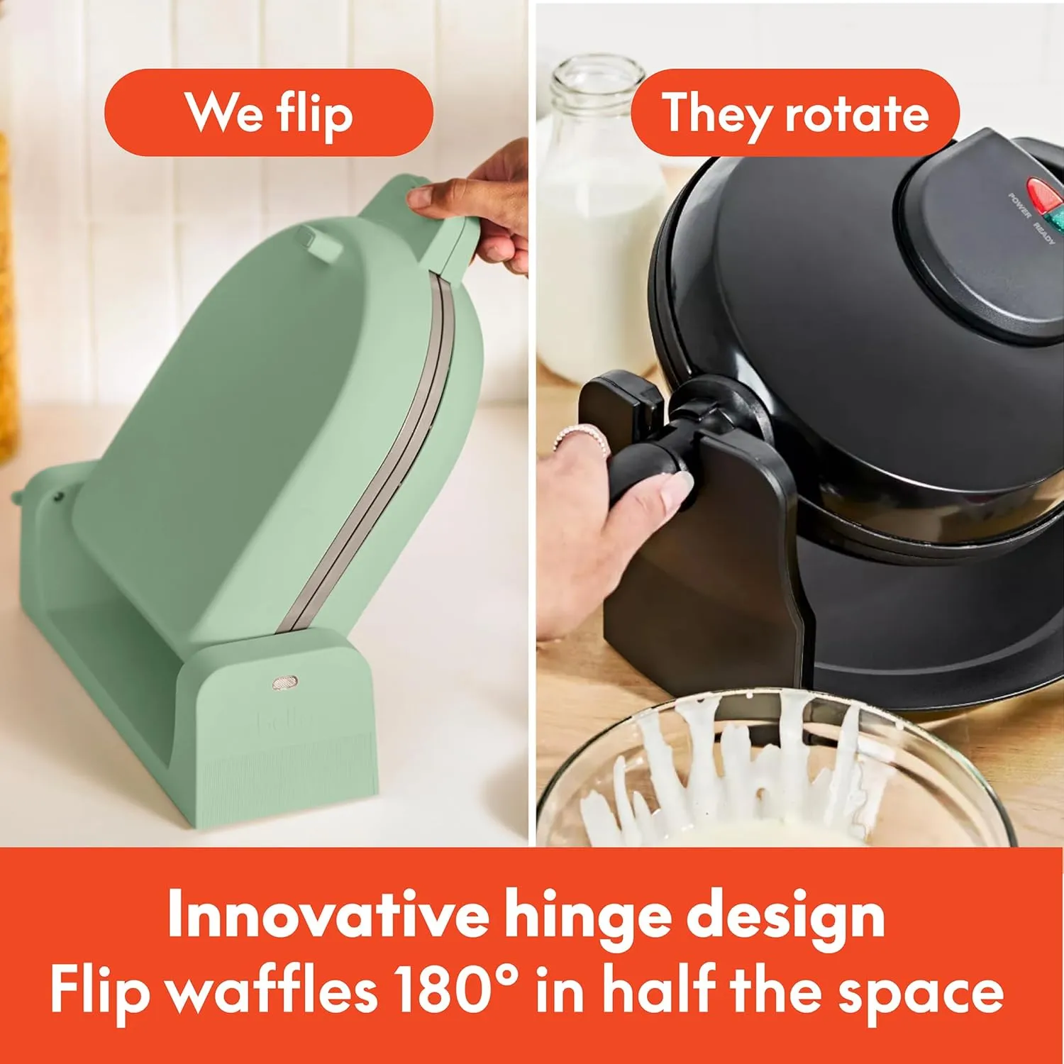 bella Flip-n-Store Waffle Maker with EverGood™ Ceramic Nonstick Coating, Fits-anywhere™ Kitchenware, Power Indicator Light, Cool Touch Handle & Cord Wrap, 7” Wide & 1" Deep Plates, 1000 Watt, Seaglass