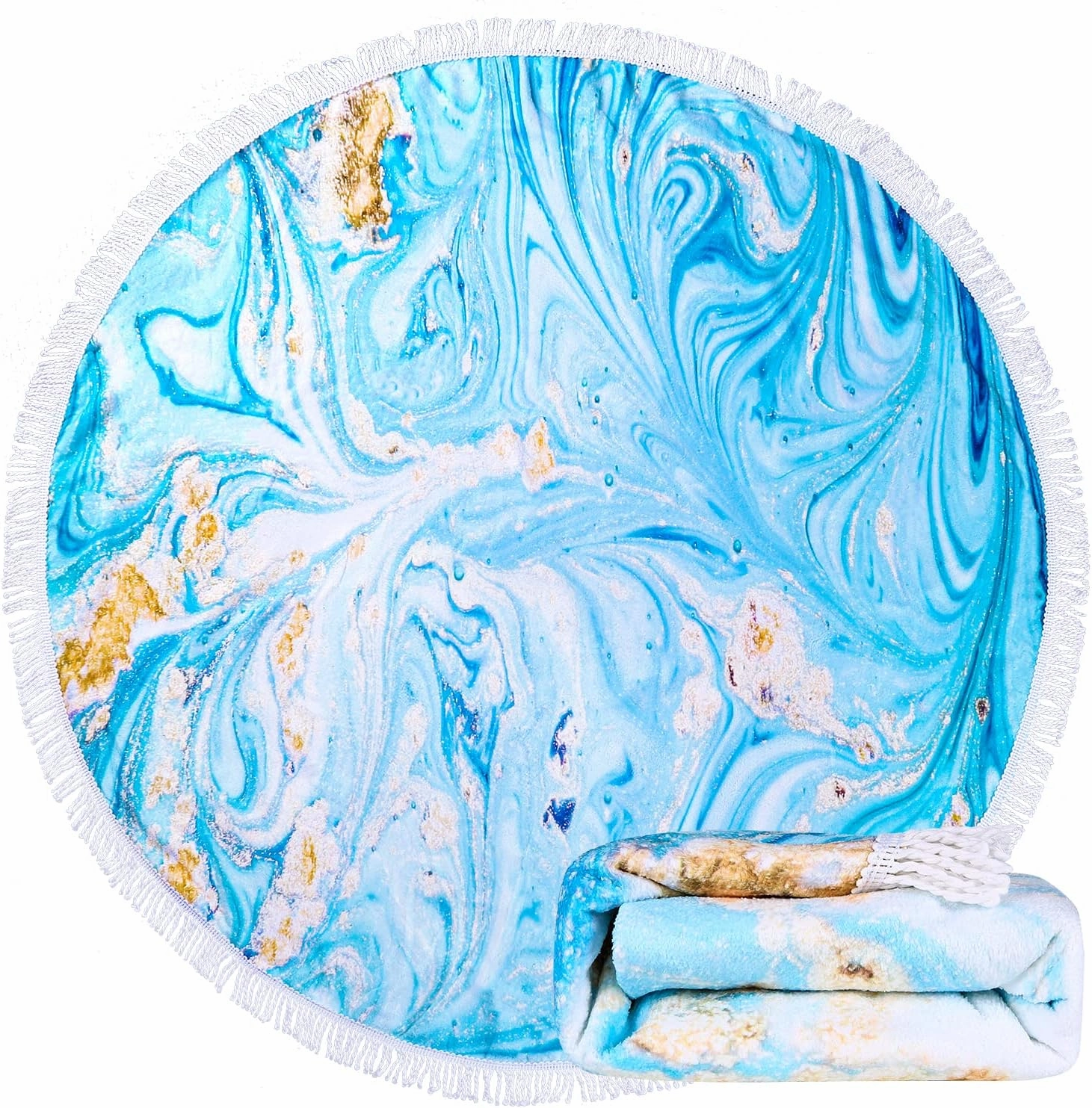 Benefeet Sox Round Beach Towel Blue Microfiber Bohemian Boho Round Beach Blanket Oversized Sand Proof Absorbent Circle Swim Towels with Tassels Gifts for Women, 59 Inches Blue Marbled Liquid Sand