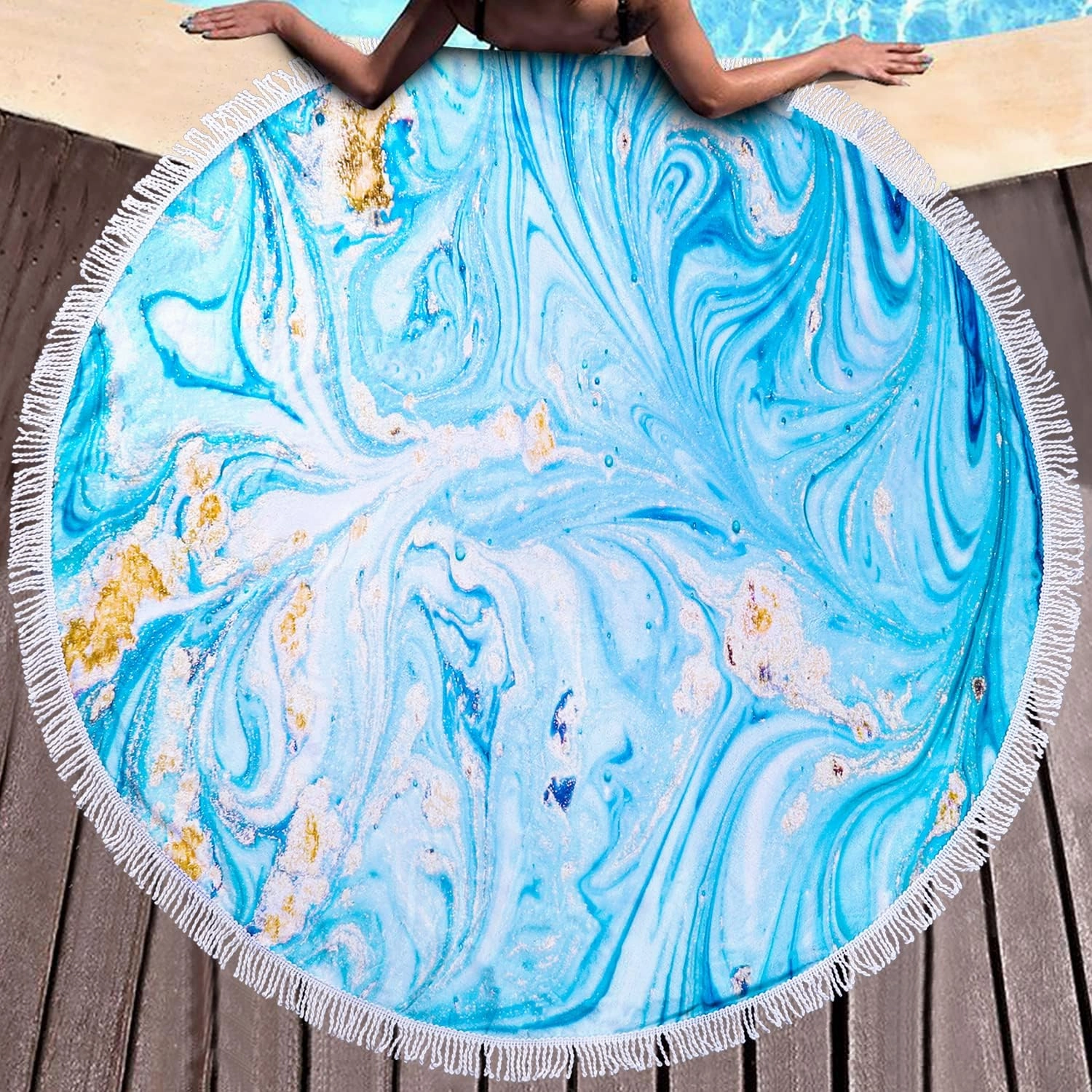Benefeet Sox Round Beach Towel Blue Microfiber Bohemian Boho Round Beach Blanket Oversized Sand Proof Absorbent Circle Swim Towels with Tassels Gifts for Women, 59 Inches Blue Marbled Liquid Sand